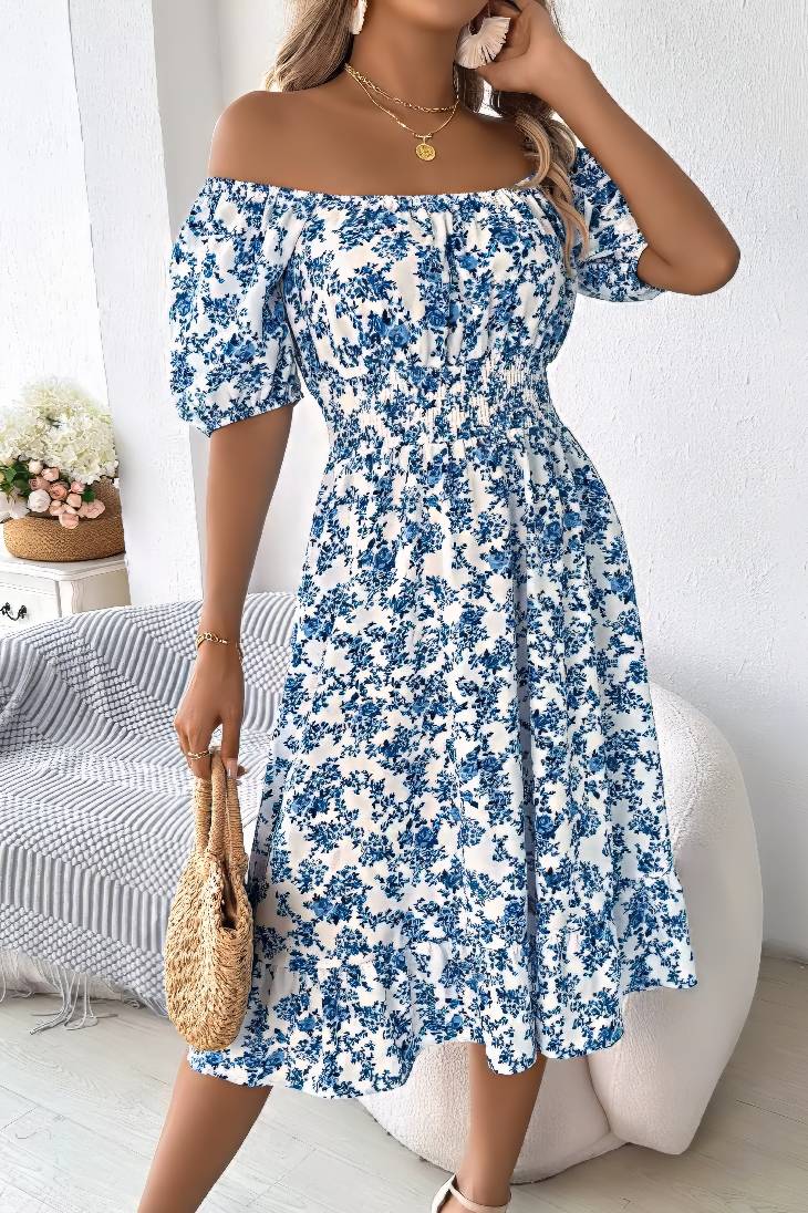 Vestido Boho Floral Manga Corta Escote Cuadrado Con Volantes