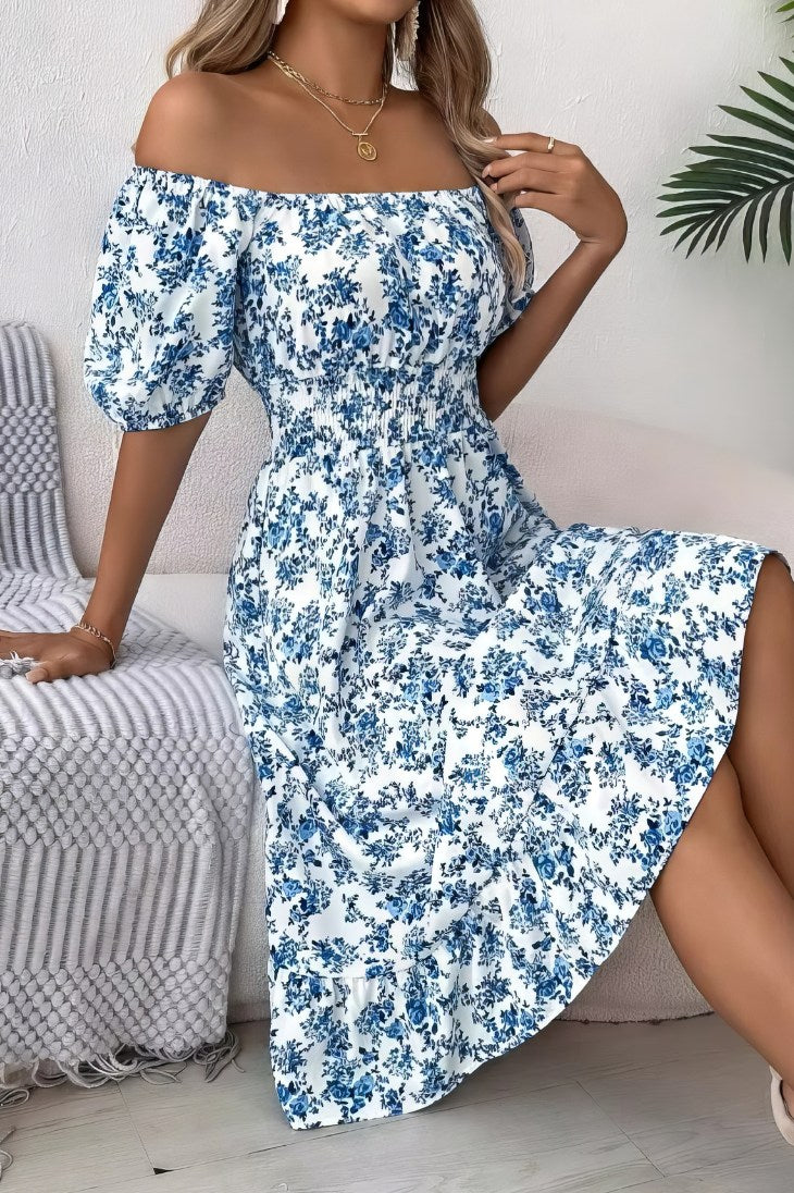 Vestido Boho Floral Manga Corta Escote Cuadrado Con Volantes