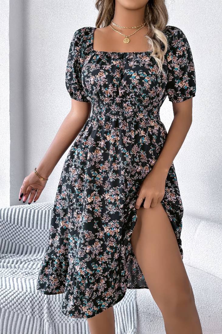 Vestido Boho Floral Manga Corta Escote Cuadrado Con Volantes