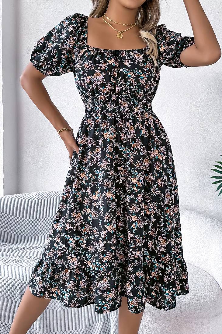 Vestido Boho Floral Manga Corta Escote Cuadrado Con Volantes