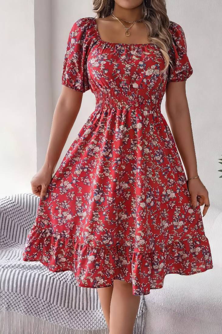 Vestido Boho Floral Manga Corta Escote Cuadrado Con Volantes
