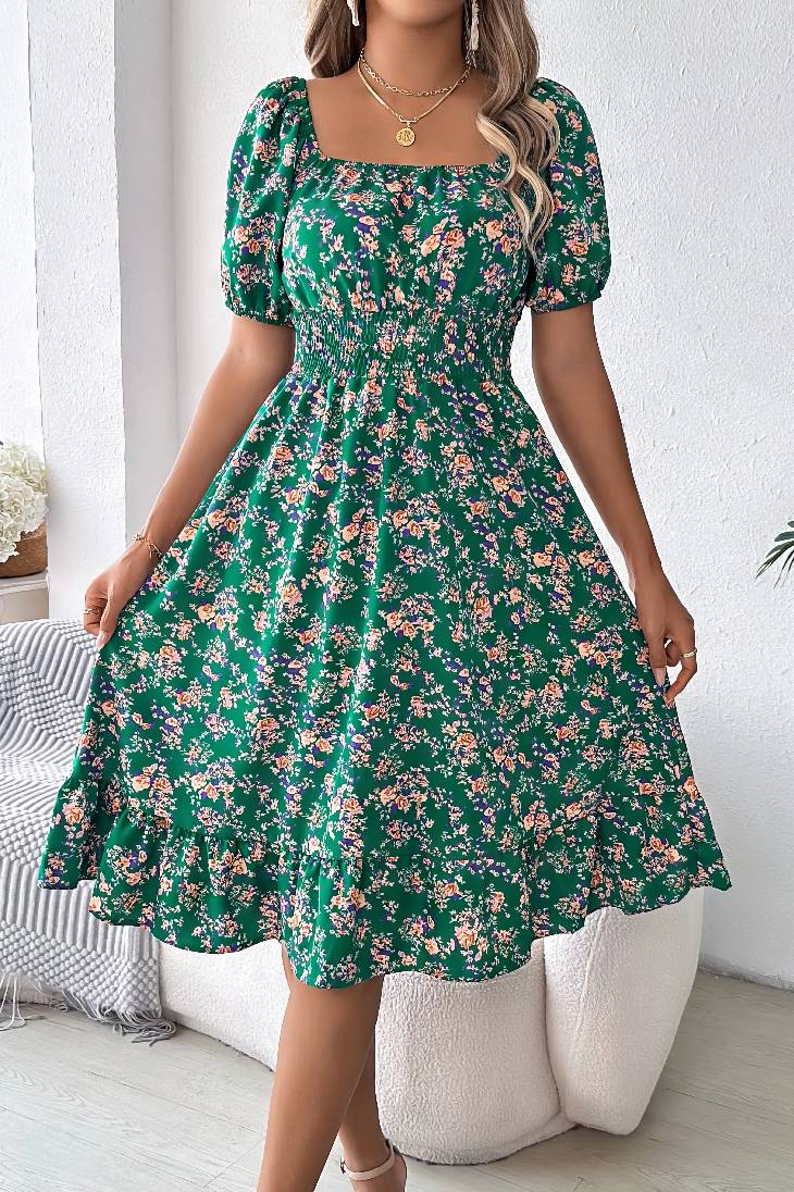 Vestido Boho Floral Manga Corta Escote Cuadrado Con Volantes