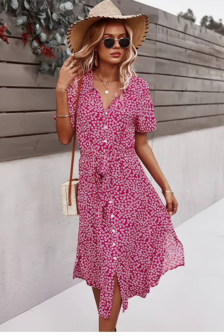 Vestido Boho Floral Midi Escote V Manga Corta Con Botones