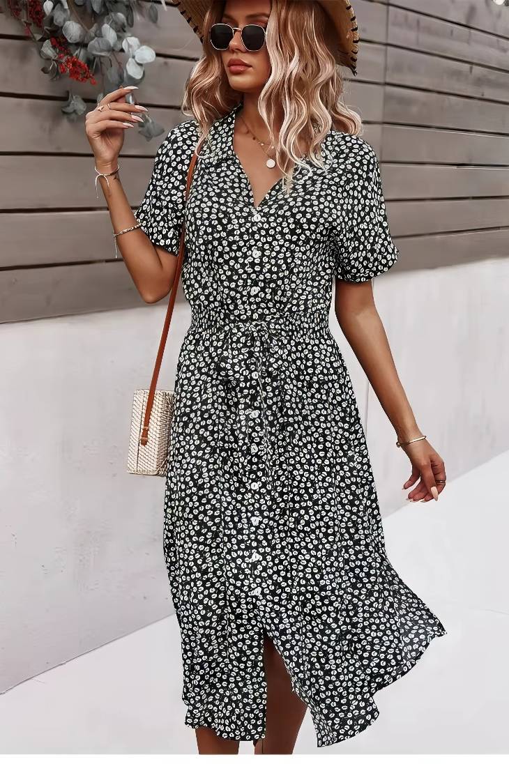 Vestido Boho Floral Midi Escote V Manga Corta Con Botones