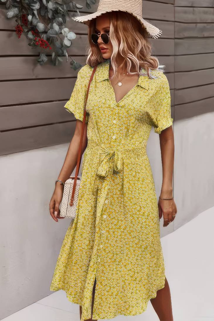 Vestido Boho Floral Midi Escote V Manga Corta Con Botones