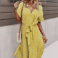 Vestido Boho Floral Midi Escote V Manga Corta Con Botones