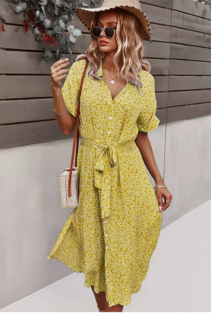 Vestido Boho Floral Midi Escote V Manga Corta Con Botones