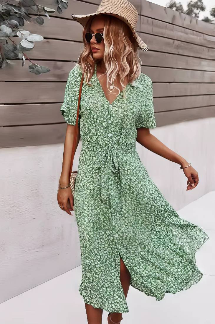 Vestido Boho Floral Midi Escote V Manga Corta Con Botones