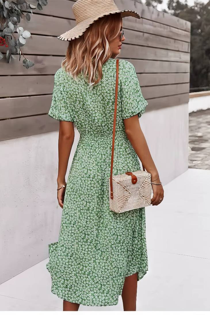 Vestido Boho Floral Midi Escote V Manga Corta Con Botones