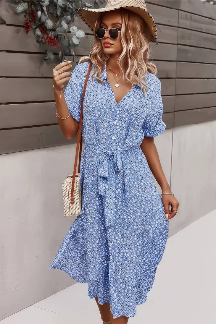 Vestido Boho Floral Midi Escote V Manga Corta Con Botones