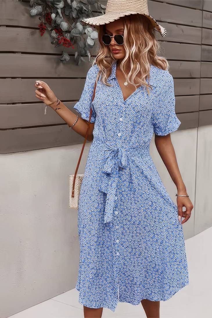 Vestido Boho Floral Midi Escote V Manga Corta Con Botones