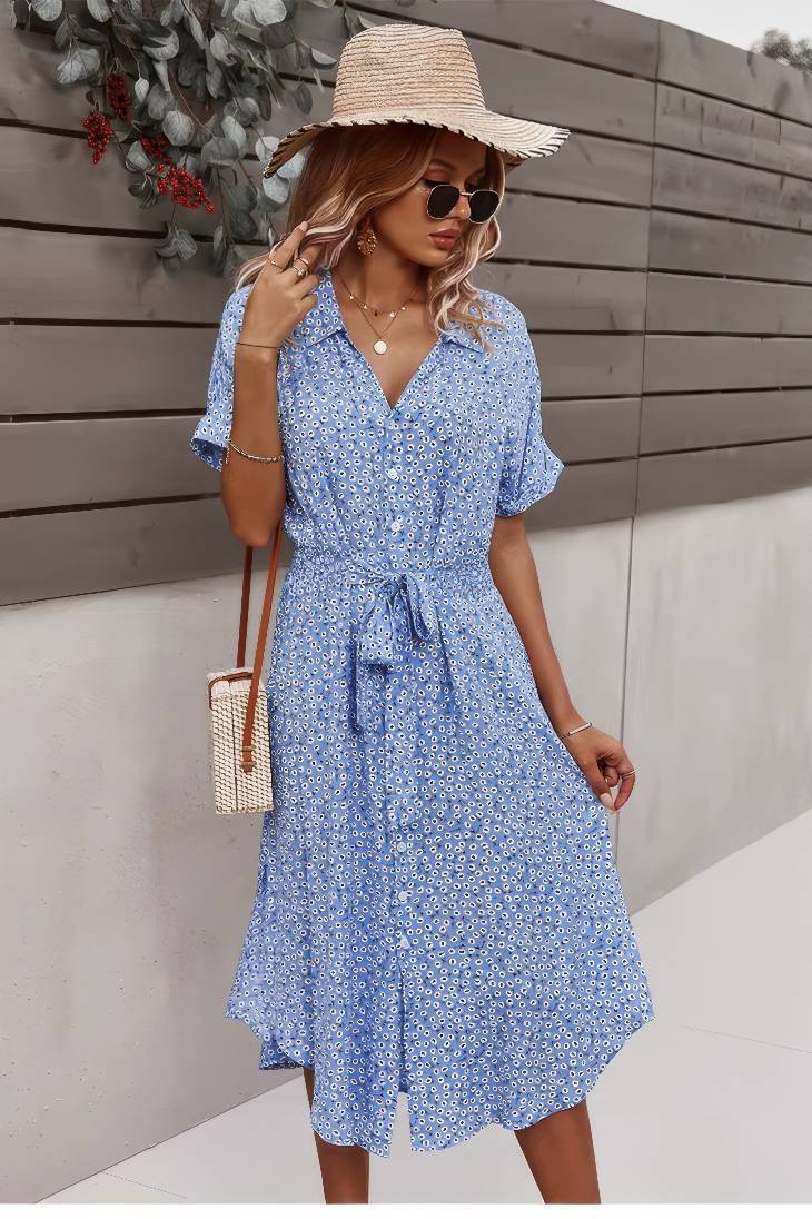 Vestido Boho Floral Midi Escote V Manga Corta Con Botones