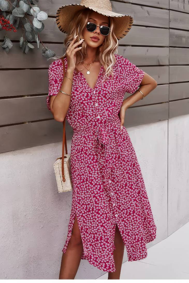 Vestido Boho Floral Midi Escote V Manga Corta Con Botones