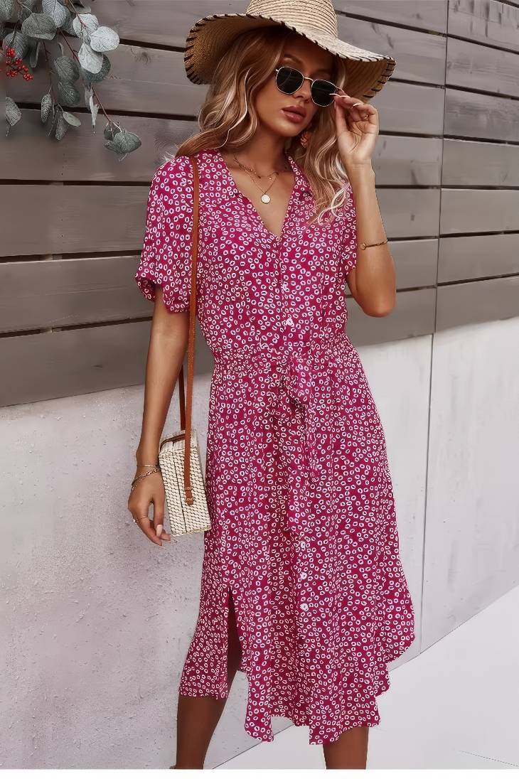 Vestido Boho Floral Midi Escote V Manga Corta Con Botones