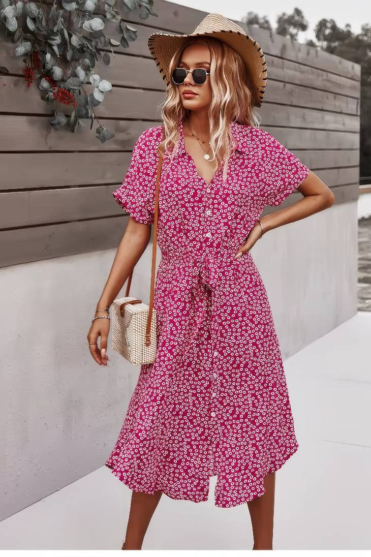 Vestido Boho Floral Midi Escote V Manga Corta Con Botones