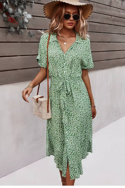 Vestido Boho Floral Midi Escote V Manga Corta Con Botones