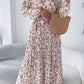 Vestido Boho Floral Midi Manga Larga Cuello Alto Con Cinturón