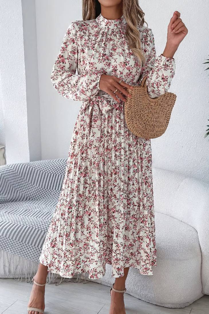 Vestido Boho Floral Midi Manga Larga Cuello Alto Con Cinturón