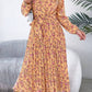 Vestido Boho Floral Midi Manga Larga Cuello Alto Con Cinturón