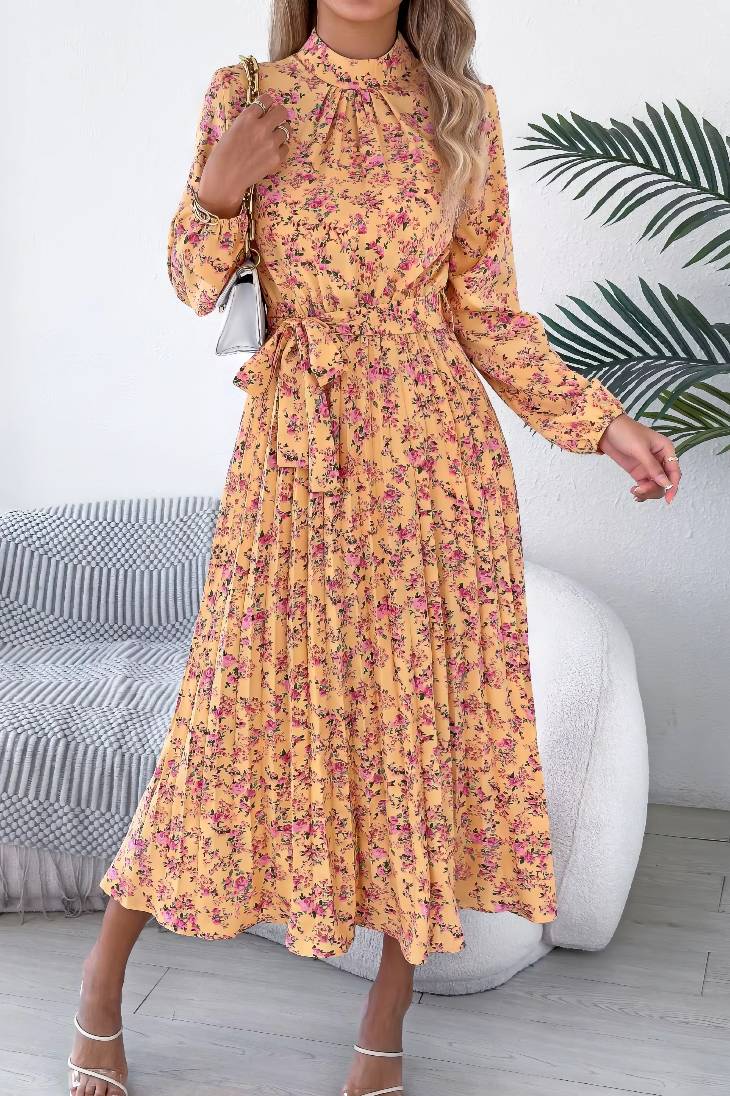 Vestido Boho Floral Midi Manga Larga Cuello Alto Con Cinturón