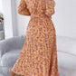 Vestido Boho Floral Midi Manga Larga Cuello Alto Con Cinturón