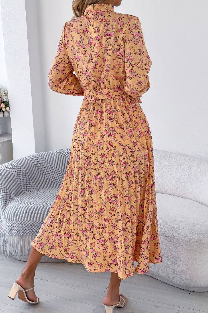 Vestido Boho Floral Midi Manga Larga Cuello Alto Con Cinturón