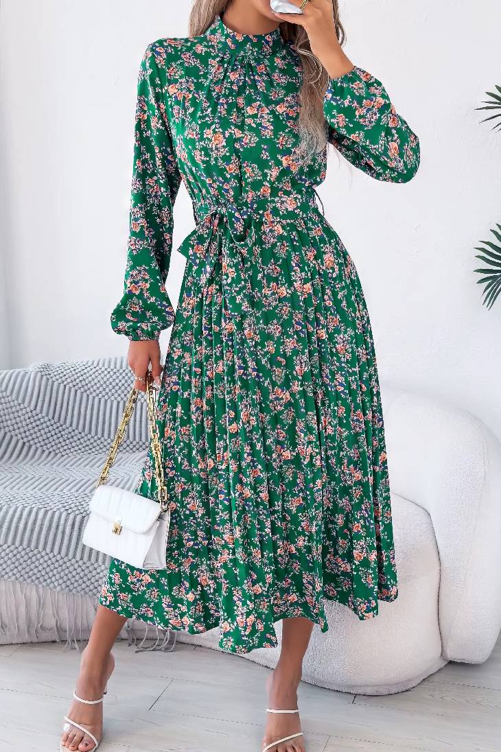 Vestido Boho Floral Midi Manga Larga Cuello Alto Con Cinturón