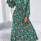 Vestido Boho Floral Midi Manga Larga Cuello Alto Con Cinturón