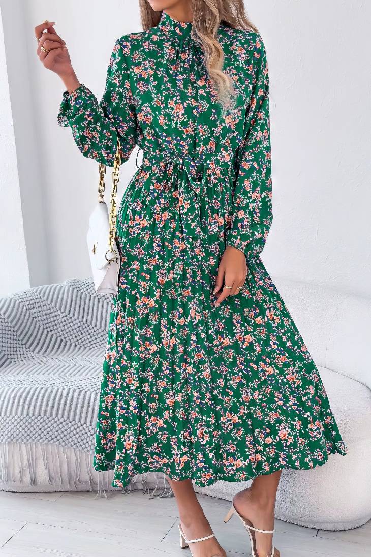 Vestido Boho Floral Midi Manga Larga Cuello Alto Con Cinturón