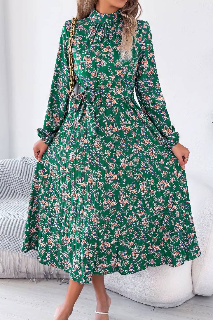 Vestido Boho Floral Midi Manga Larga Cuello Alto Con Cinturón