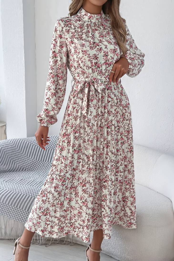 Vestido Boho Floral Midi Manga Larga Cuello Alto Con Cinturón