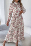 Vestido Boho Floral Midi Manga Larga Cuello Alto Con Cinturón