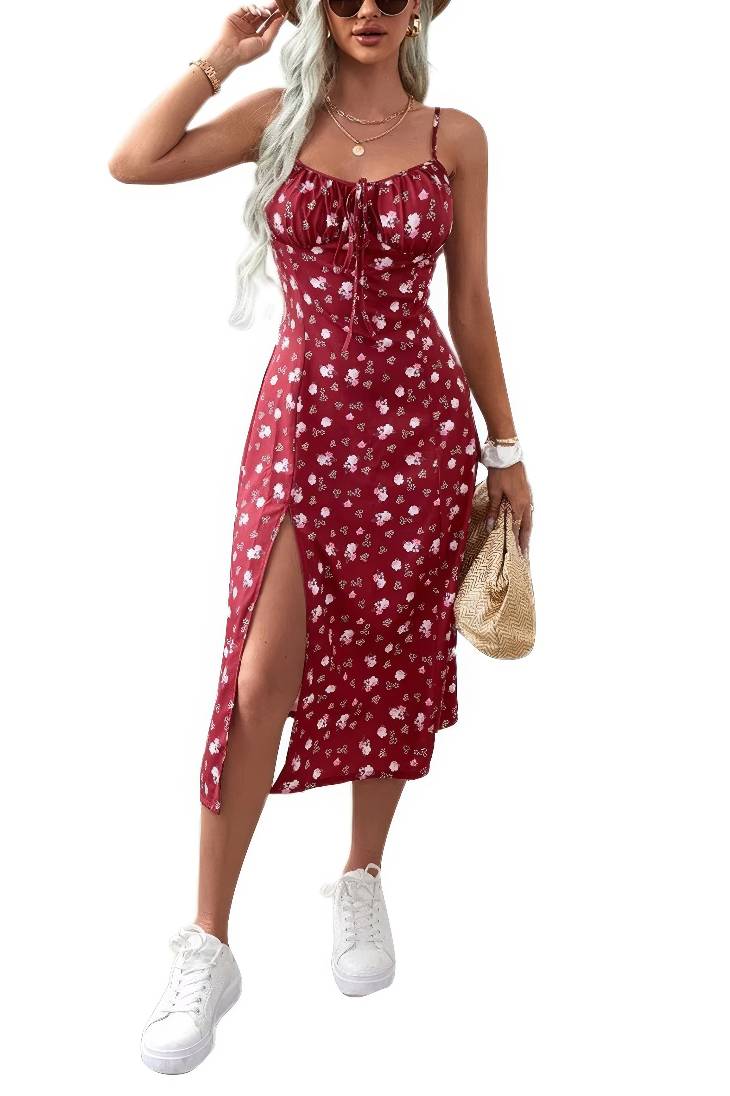 Vestido Boho Floral Tirantes Abertura Lateral Midi