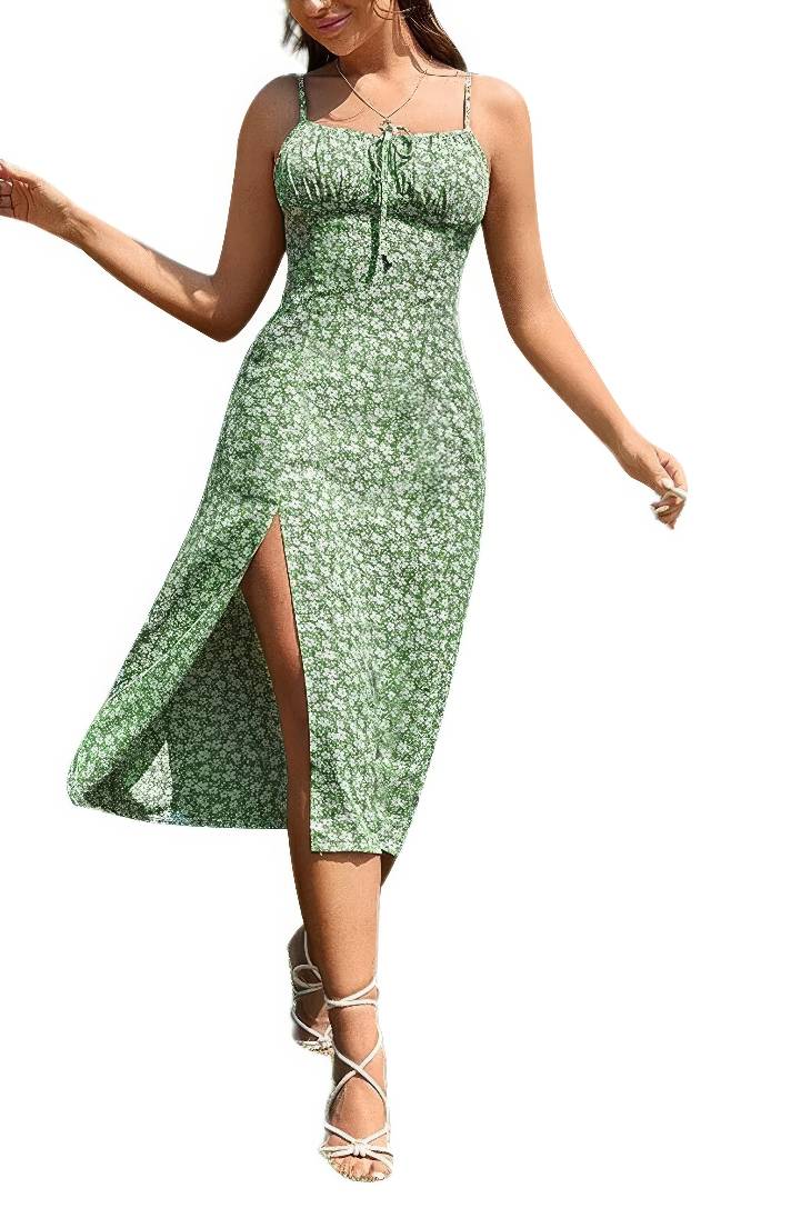 Vestido Boho Floral Tirantes Abertura Lateral Midi