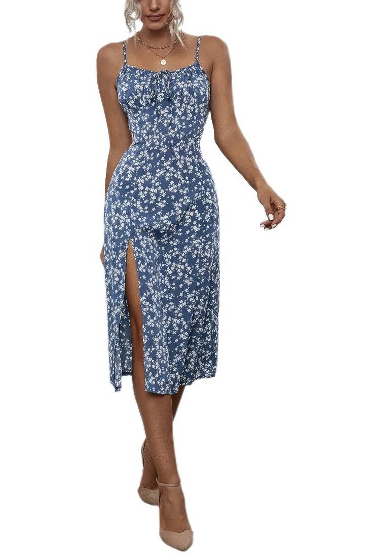 Vestido Boho Floral Tirantes Abertura Lateral Midi