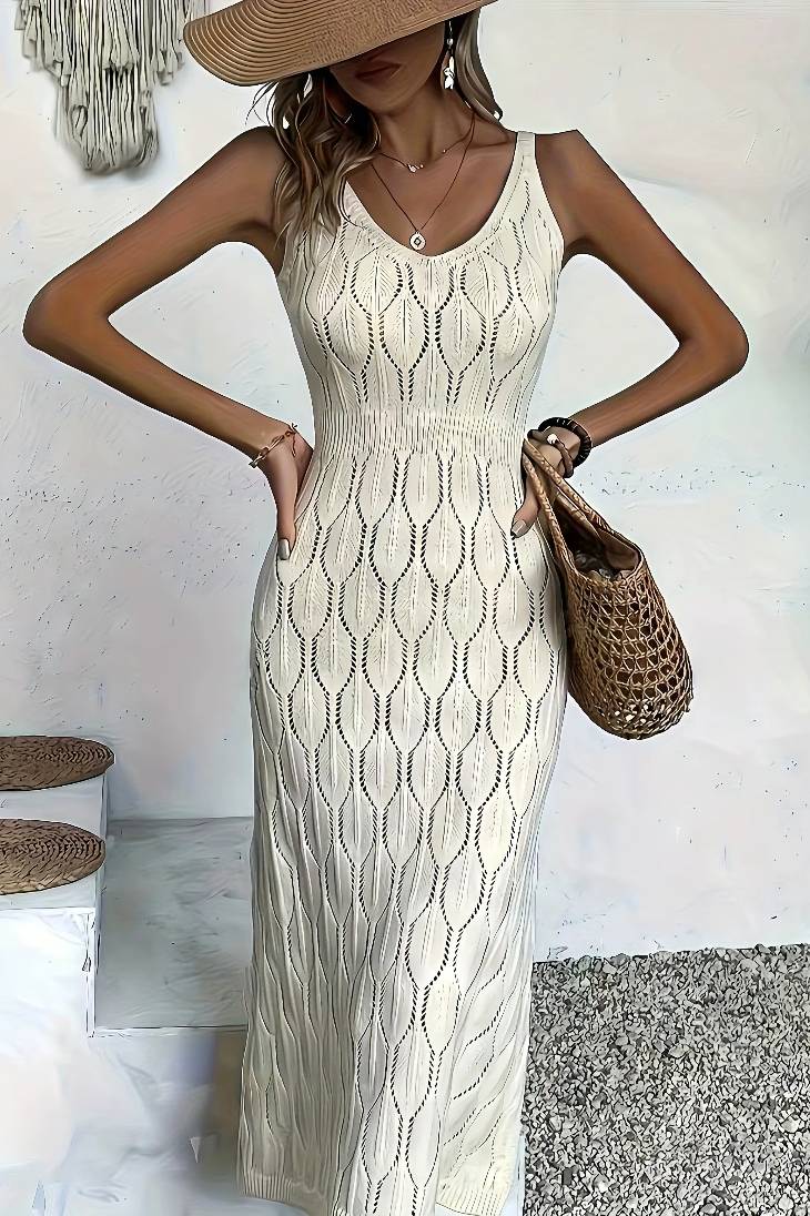 Vestido Boho Largo Beige De Crochet Tejido Sin Mangas Verano Playa