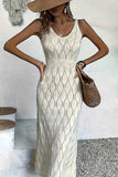 Vestido Boho Largo Beige De Crochet Tejido Sin Mangas Verano Playa