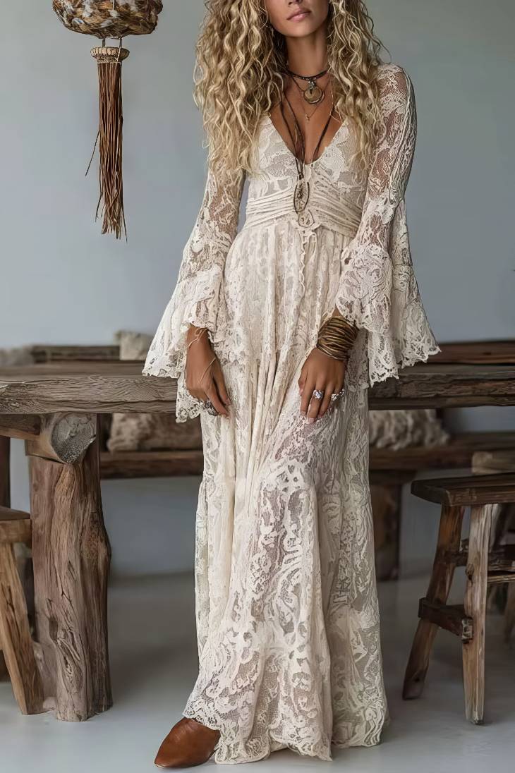 Vestido Boho Largo Beige De Encaje Cuello En V Manga Acampanada