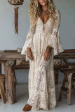 Vestido Boho Largo Beige De Encaje Cuello En V Manga Acampanada