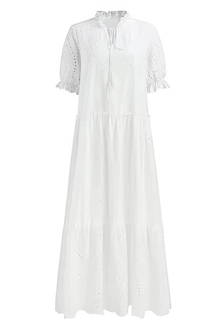 Vestido Boho Largo Blanco De Encaje Algodón Manga Corta Verano Playa