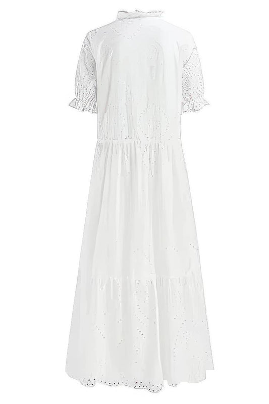 Vestido Boho Largo Blanco De Encaje Algodón Manga Corta Verano Playa