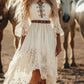 Vestido Boho Largo Blanco De Encaje Manga Larga