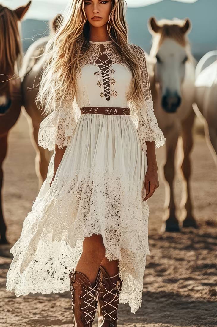 Vestido Boho Largo Blanco De Encaje Manga Larga