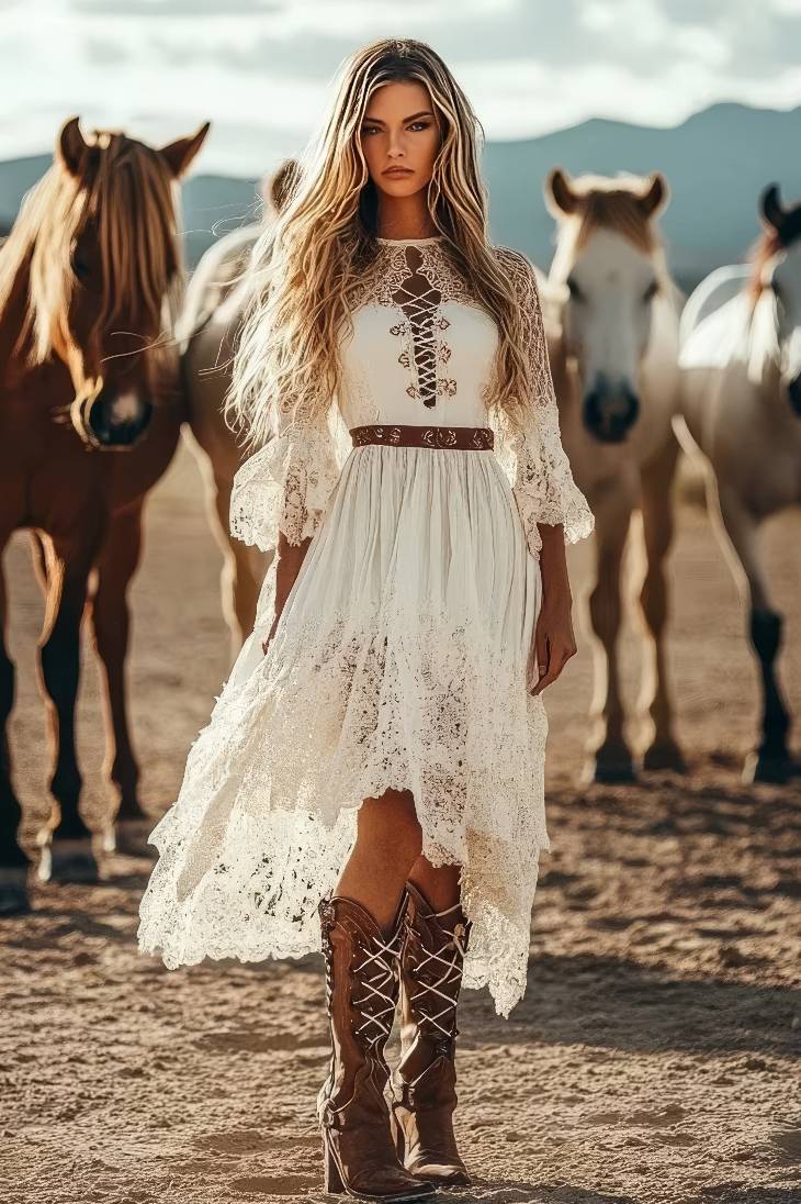 Vestido Boho Largo Blanco De Encaje Manga Larga