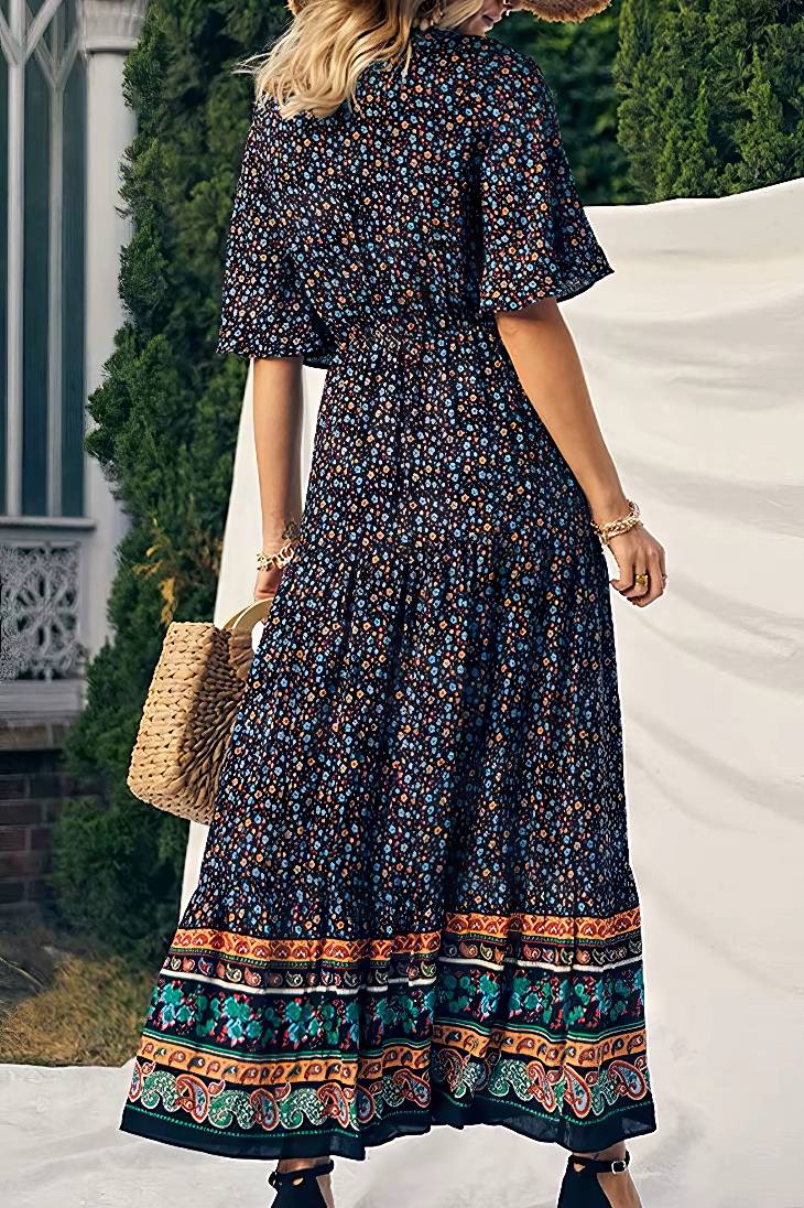 Vestido Boho Largo Estampado Étnico Cuello En V Manga Corta