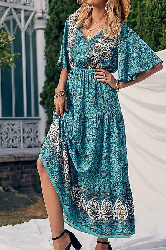 Vestido Boho Largo Estampado Étnico Cuello En V Manga Corta