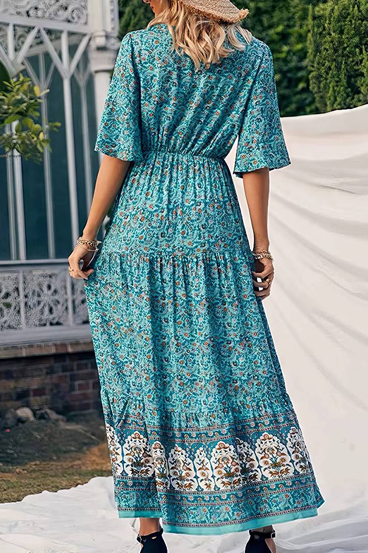 Vestido Boho Largo Estampado Étnico Cuello En V Manga Corta