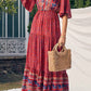 Vestido Boho Largo Estampado Étnico Cuello En V Manga Corta