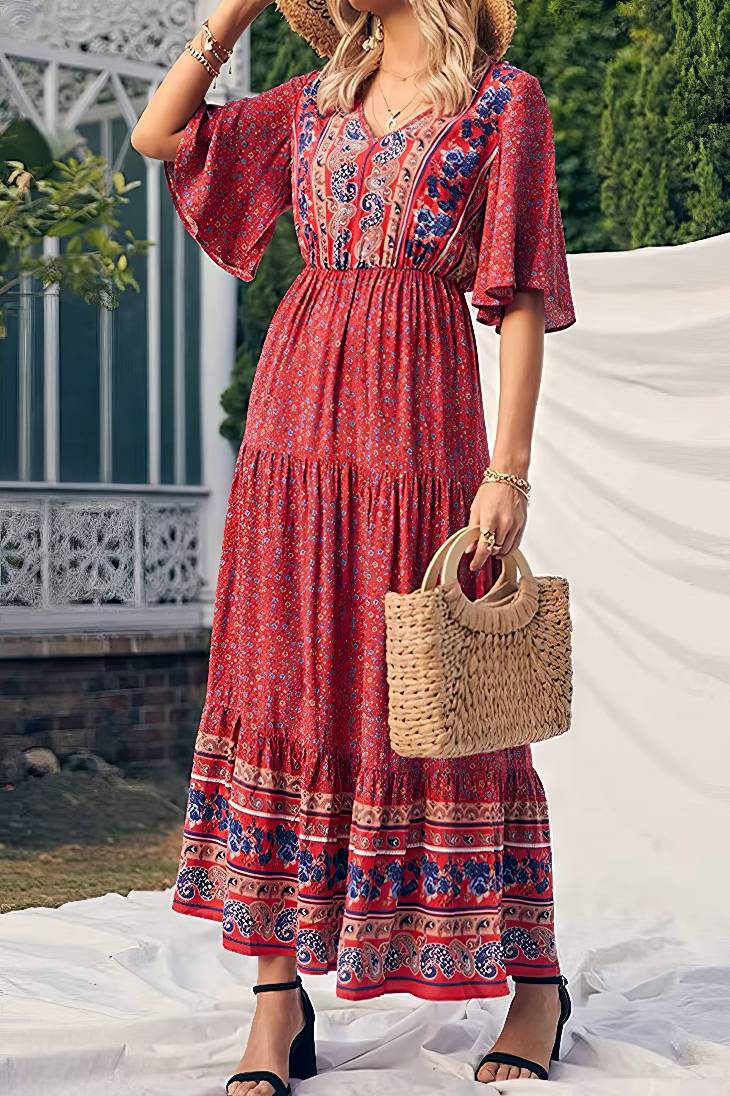 Vestido Boho Largo Estampado Étnico Cuello En V Manga Corta