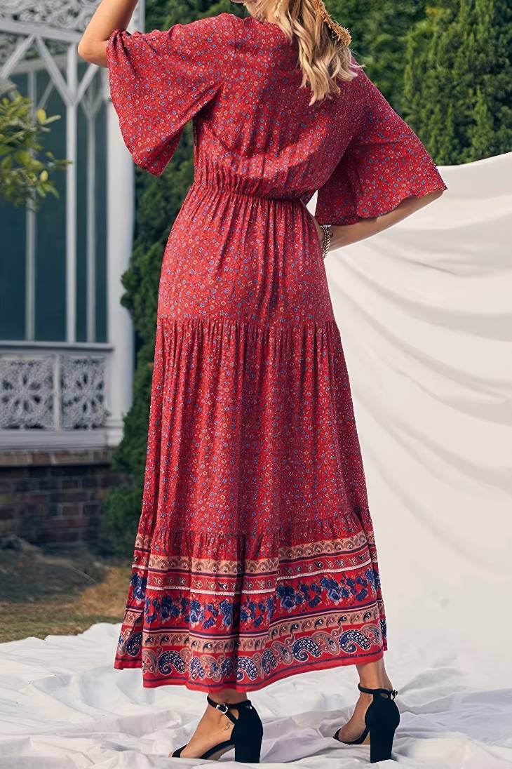 Vestido Boho Largo Estampado Étnico Cuello En V Manga Corta